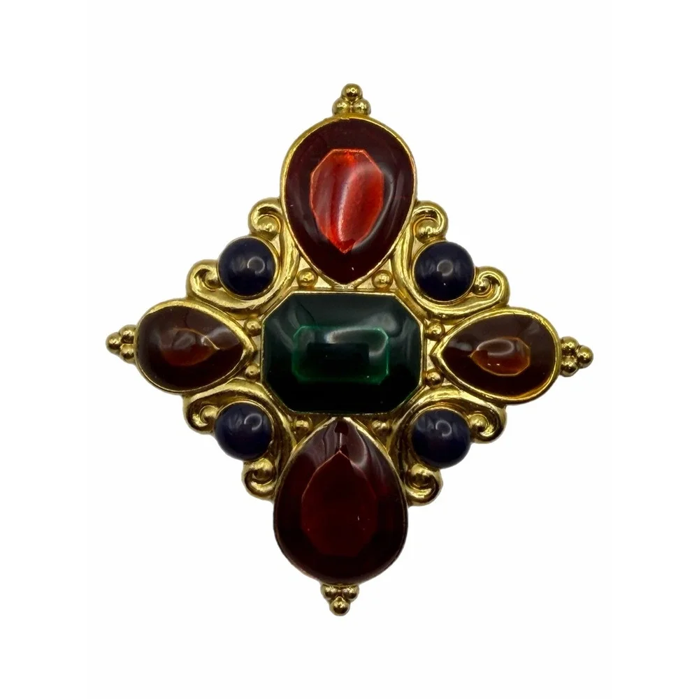 Jay Strongwater Vintage Scarf Slide Clip Gold Tone Jewel Tone Cabochon Brooch